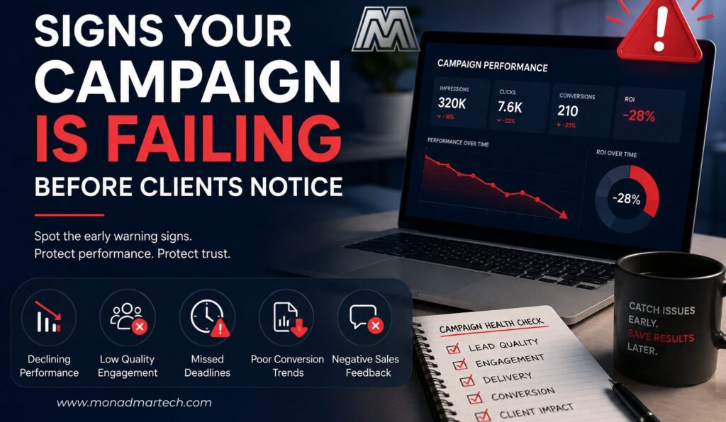 Spot early warning signs your marketing campaign is failing before clients notice. Fix delivery gaps, lead quality drops, and performance risks early.